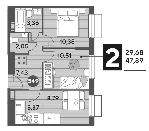 Продажа 2-комнатной квартиры 47,9 м², 2/15 этаж