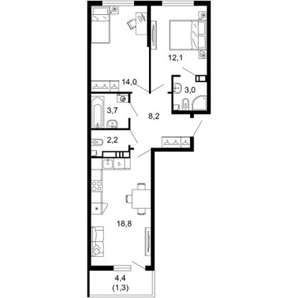 63,3 м², 2-комн. квартира, 13/17 этаж