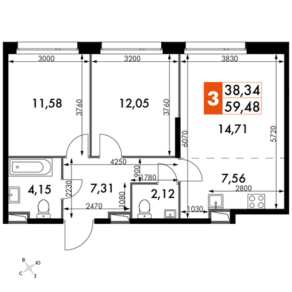 59,5 м², 3-комн. квартира, 5/15 этаж