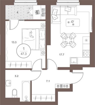 Продажа 1-комнатной квартиры 47,3 м², 9/18 этаж