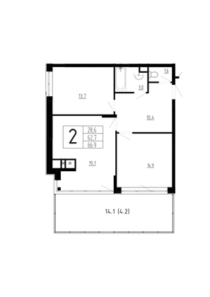 Продажа 2-комнатной квартиры 66,9 м², 1/4 этаж