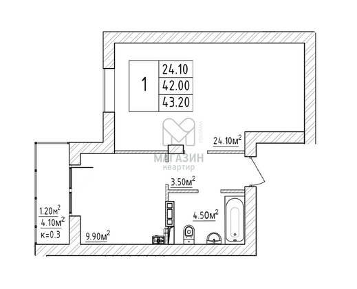 Продажа 1-комнатной квартиры 43,2 м², 1/3 этаж