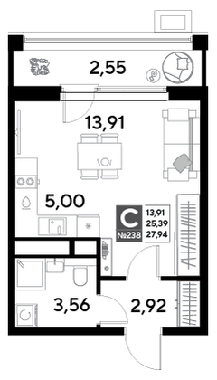 Продажа квартиры-студии 27,9 м², 20/25 этаж