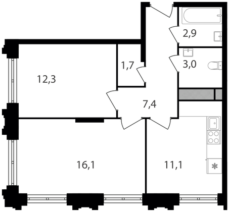 54,5 м², 2-комн. квартира, 16/30 этаж