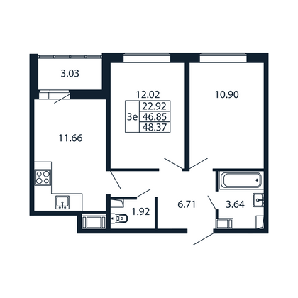 48,4 м², 2-комн. квартира, 7/12 этаж