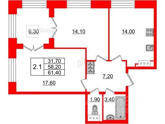 Продажа 2-комнатной квартиры 61,4 м², 5/8 этаж