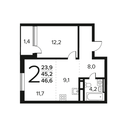 Продажа 2-комнатной квартиры 46,6 м², 3/11 этаж