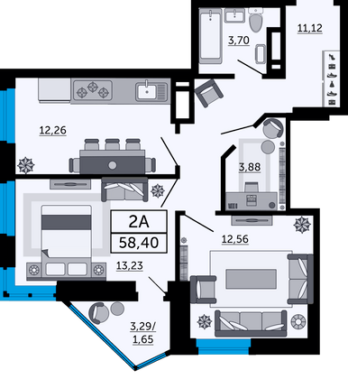 58,4 м², 2-комн. квартира, 7/26 этаж