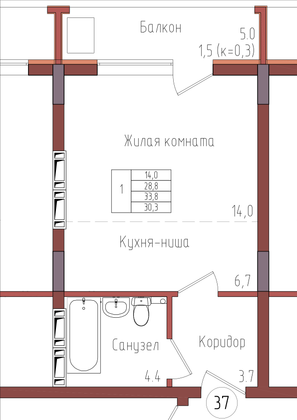 30,3 м², 1-комн. квартира, 5/9 этаж