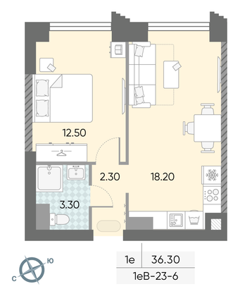 Продажа 1-комнатной квартиры 36,3 м², 6/58 этаж