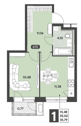 Продажа 1-комнатной квартиры 35,8 м², 5/25 этаж