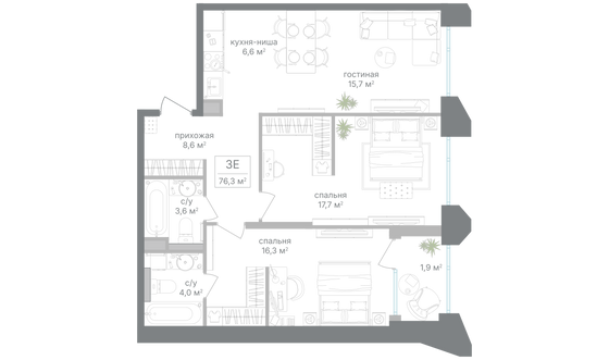 Продажа 2-комнатной квартиры 74,4 м², 2/15 этаж