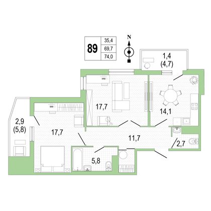 Продажа 2-комнатной квартиры 74,2 м², 7/8 этаж
