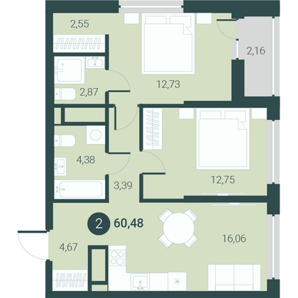 60,5 м², 2-комн. квартира, 12/14 этаж