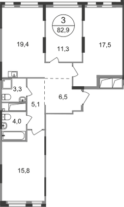 82,9 м², 3-комн. квартира, 12/19 этаж