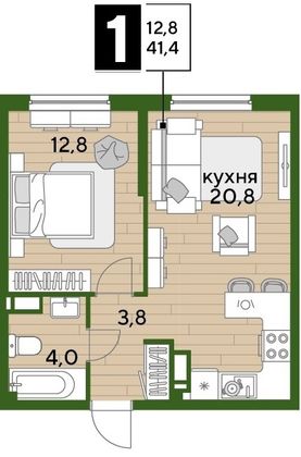 Продажа 1-комнатной квартиры 41,4 м², 12/16 этаж