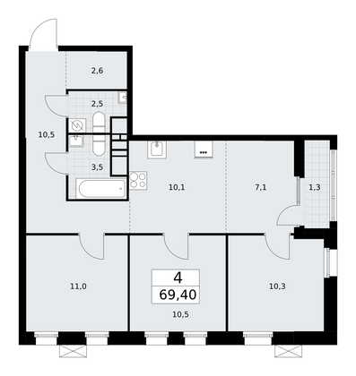 69,4 м², 4-комн. квартира, 16/18 этаж