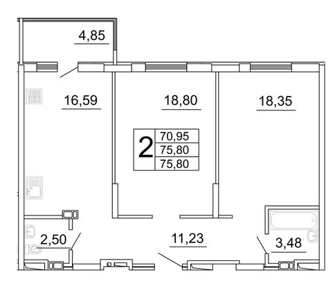 75,8 м², 2-комн. квартира, 3/27 этаж