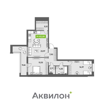 83,8 м², 2-комн. квартира, 6/12 этаж