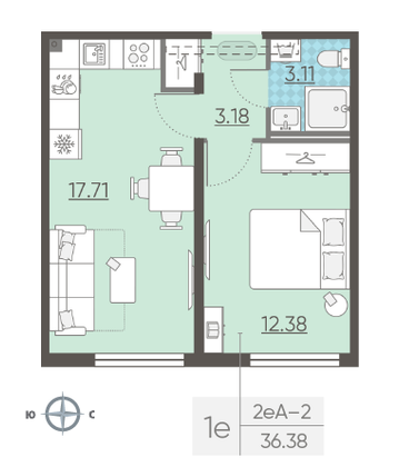Продажа 1-комнатной квартиры 36,4 м², 19/25 этаж