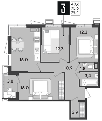 Продажа 3-комнатной квартиры 79,4 м², 18/18 этаж