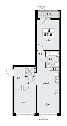 57,9 м², 3-комн. квартира, 4/14 этаж