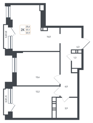 57,1 м², 2-комн. квартира, 3/8 этаж