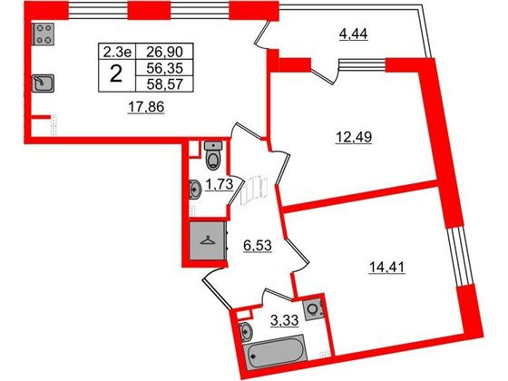 Продажа 2-комнатной квартиры 56,3 м², 3/5 этаж