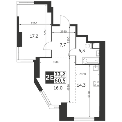 60,5 м², 2-комн. квартира, 42/47 этаж