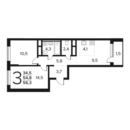 Продажа 3-комнатной квартиры 56,3 м², 2/9 этаж