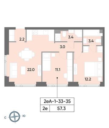 Продажа 2-комнатной квартиры 57,3 м², 33/52 этаж