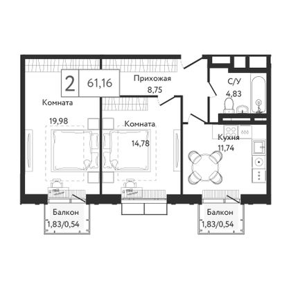 61,2 м², 2-комн. квартира, 4/6 этаж