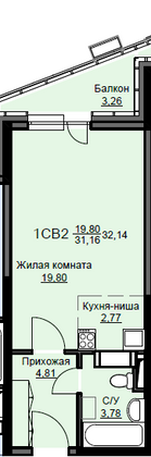 Продажа квартиры-студии 32,1 м², 10/17 этаж