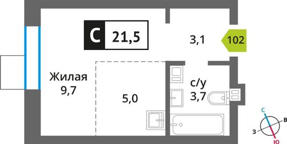 Продажа квартиры-студии 21,5 м², 5/6 этаж