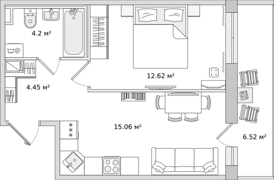 43,1 м², 1-комн. квартира, 2/15 этаж