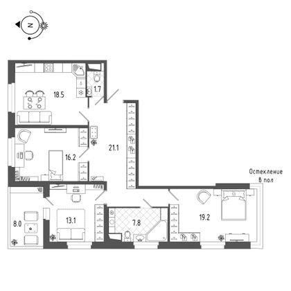 101,6 м², 3-комн. квартира, 11/19 этаж