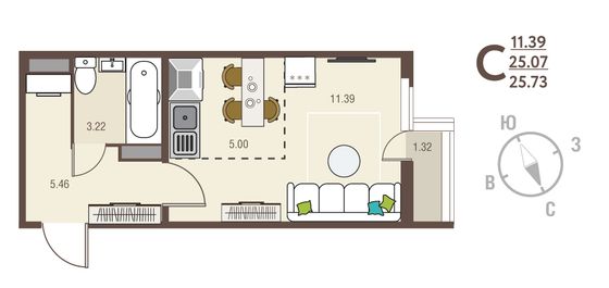 25,7 м², 1-комн. квартира, 13/17 этаж