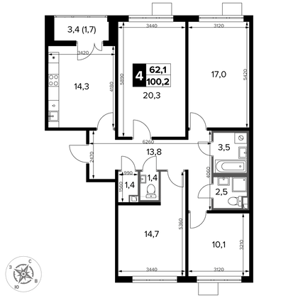 100,7 м², 4-комн. квартира, 20/20 этаж