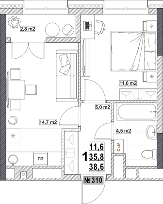 Продажа 1-комнатной квартиры 38,6 м², 23/24 этаж