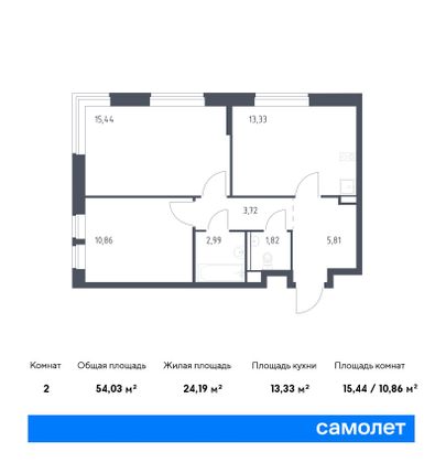 54 м², 2-комн. квартира, 4/12 этаж