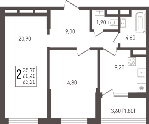 62,2 м², 2-комн. квартира, 4/8 этаж