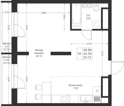 Продажа 1-комнатной квартиры 46,9 м², 15/24 этаж