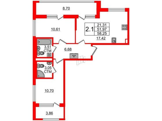 Продажа 2-комнатной квартиры 52 м², 2/4 этаж