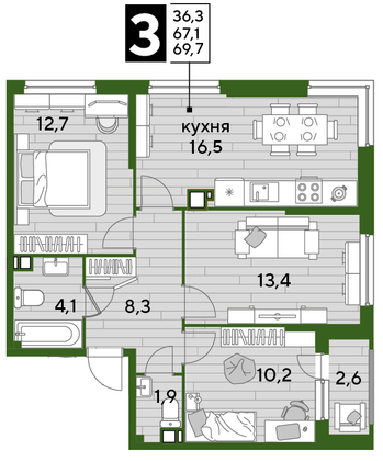 Продажа 3-комнатной квартиры 69,7 м², 5/16 этаж
