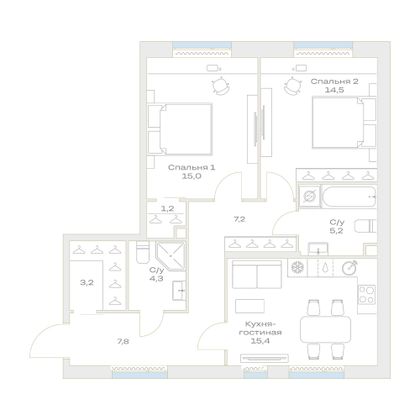 Продажа 2-комнатной квартиры 73,8 м², 3/23 этаж