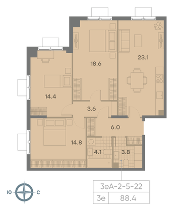 Продажа 3-комнатной квартиры 88,4 м², 20/23 этаж