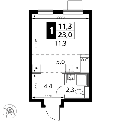 23 м², 1-комн. квартира, 3/24 этаж