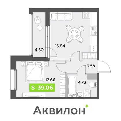 39,1 м², 1-комн. квартира, 4/12 этаж