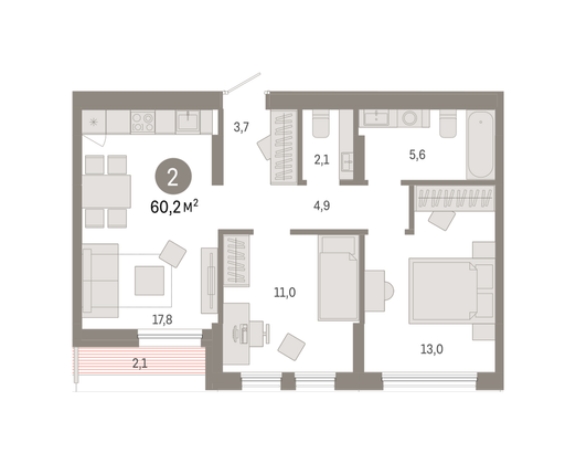 Продажа 2-комнатной квартиры 60,2 м², 9/9 этаж