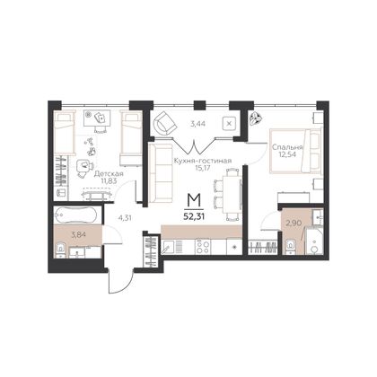 52,3 м², 2-комн. квартира, 1/5 этаж